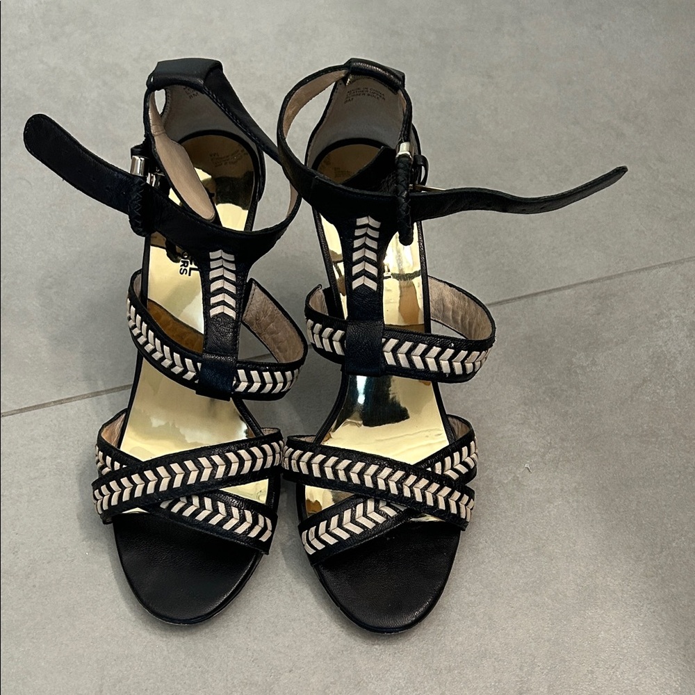MICHAEL Michael Kors Black Heeled Sandals with Cream Braid Detail